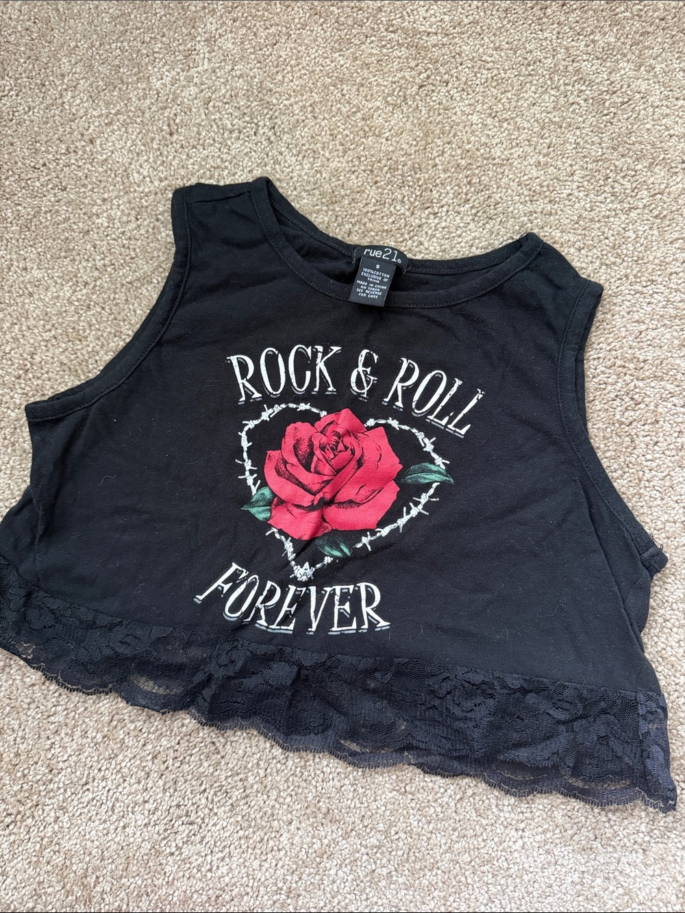 Black Crop Top with Red Rose Graphic and Lace Trim